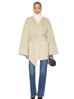 Tularosa Gia Jacket Beige Belted Wrap Coat with Contrast Trim